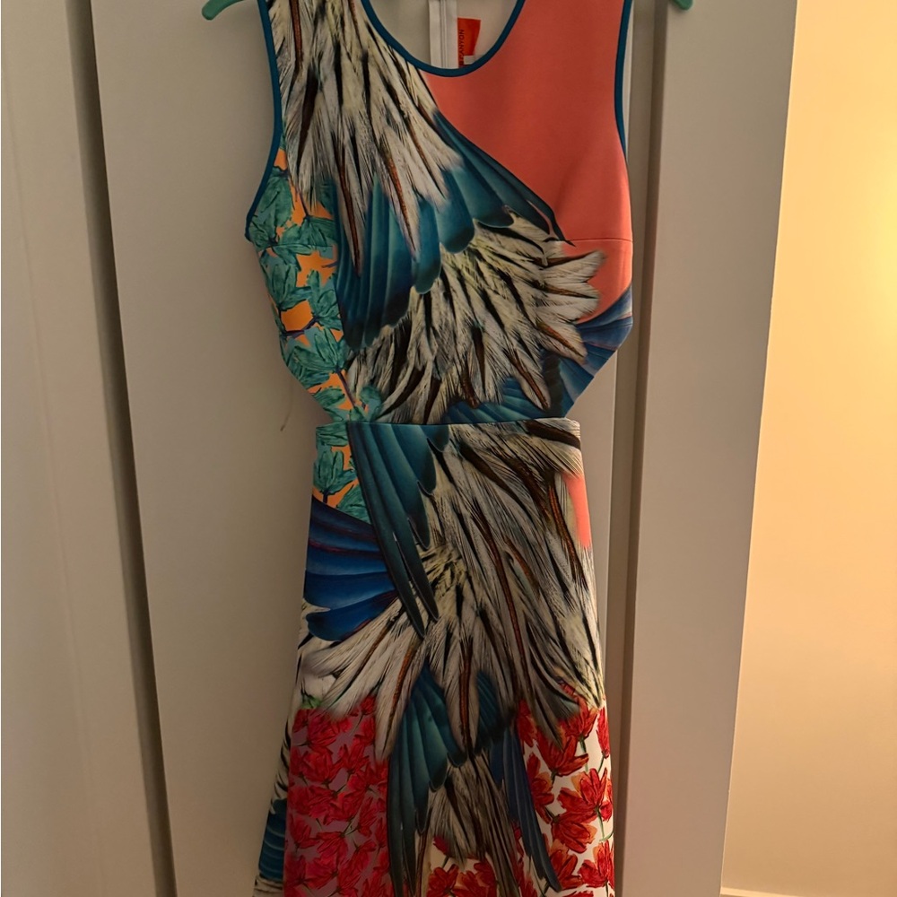 Clover Canyon Feather Print Midi Dress - Blue, Orange, Red